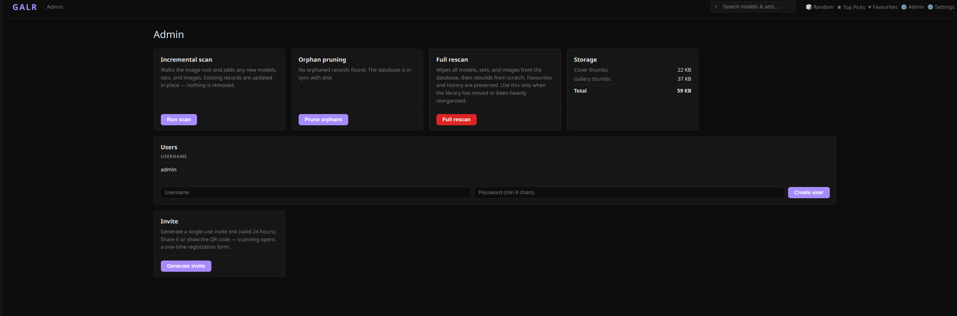 Screenshot of the Admin area